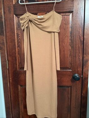 Francesca's Collections Camel One-Shoulder Knit Dress